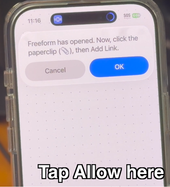 Shortcut copies path and opens Freeform app