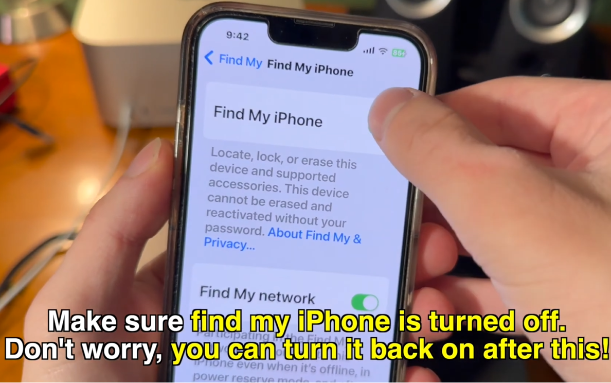 Disable Find My iPhone in iCloud settings