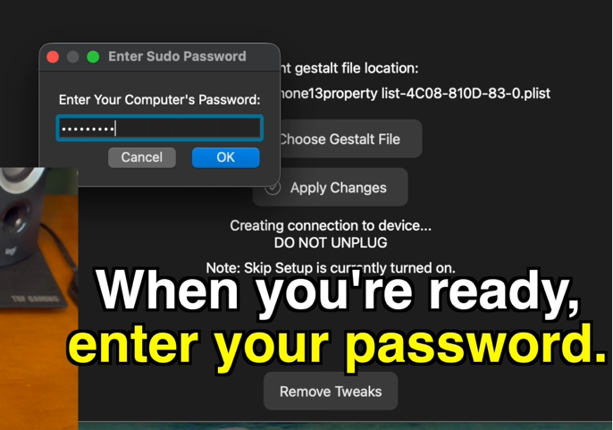 Enter desktop user password to verify reset