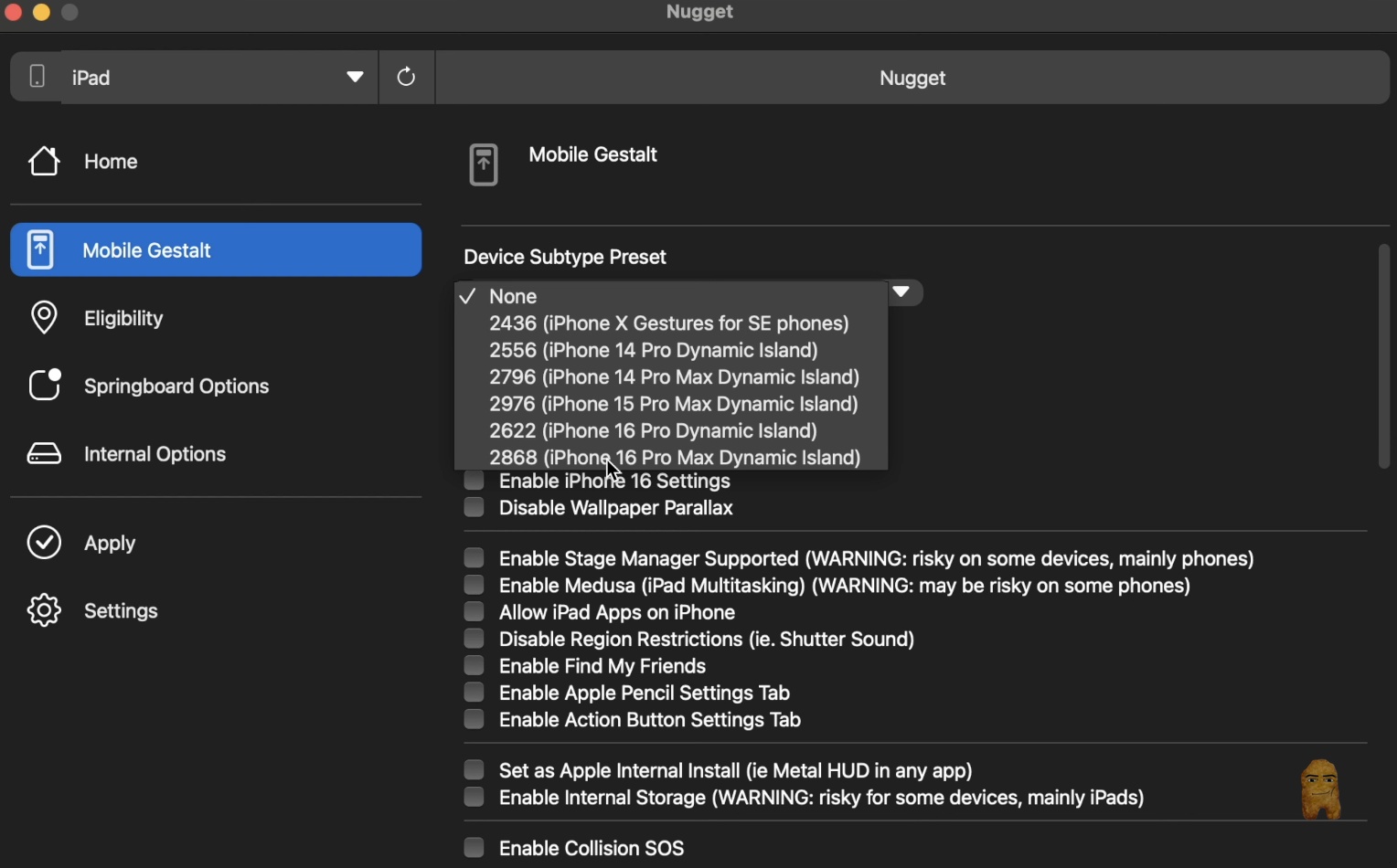 Select Device Subtype Preset in Nugget