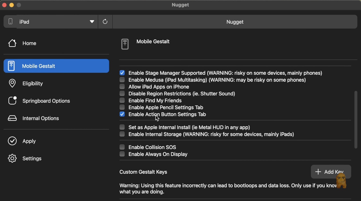 Enable Action Button Settings Tab in Nugget