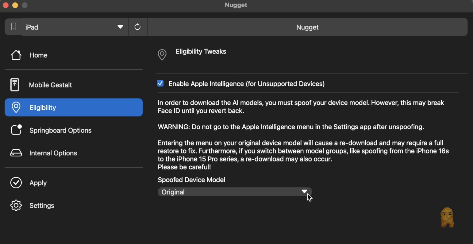 Select spoofed device model in Eligibility menu